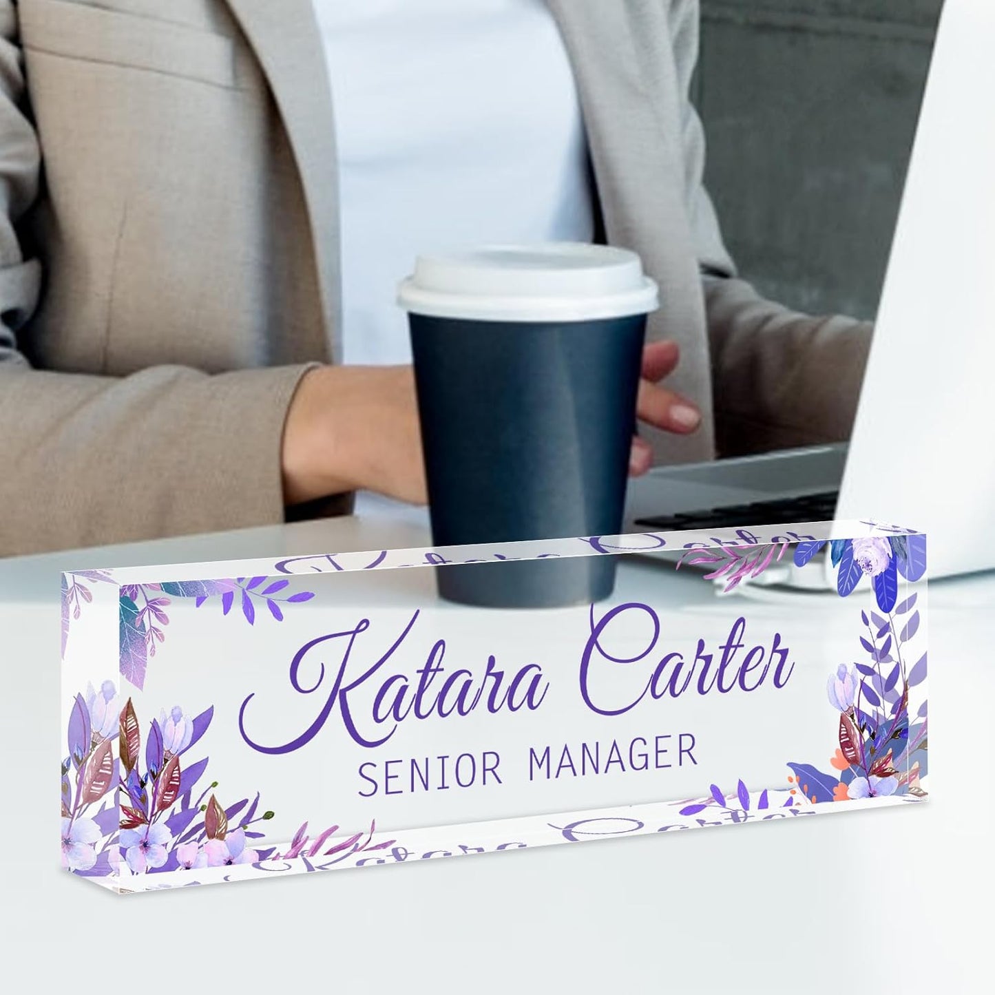 Name Plate for Desk Personalized, Acrylic Desk Decorations, Employee Appreciation Gifts, Custom Office Gifts for Coworkers, Boss, Teacher, Nurse (Purple Leaves)