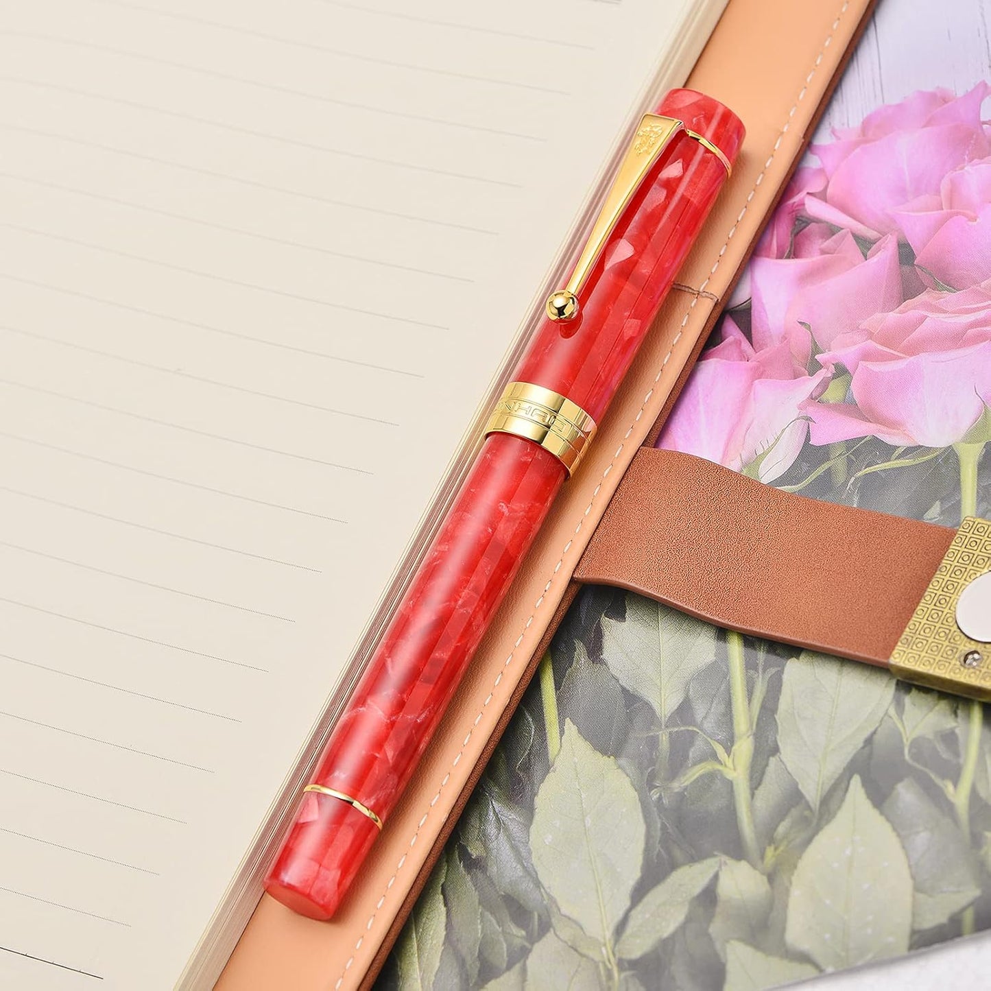 Jinhao 100 Fountain Pen Celluloid Classic Style, #6 Nib Smooth Writing Instrument with Refillable Converter and Pen Case Set