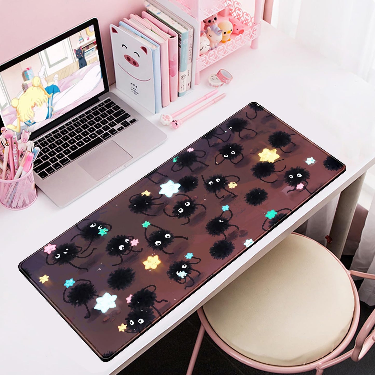 Desk Pad Anime Black Pom Poms Gaming Mouse Pad Large Star Designs Desk Office Decor Exclusive Beautiful Girls Mouse Pad for Women Desktop with Stitched Edges Non-Slip Computer Mat 31.5x11.8In