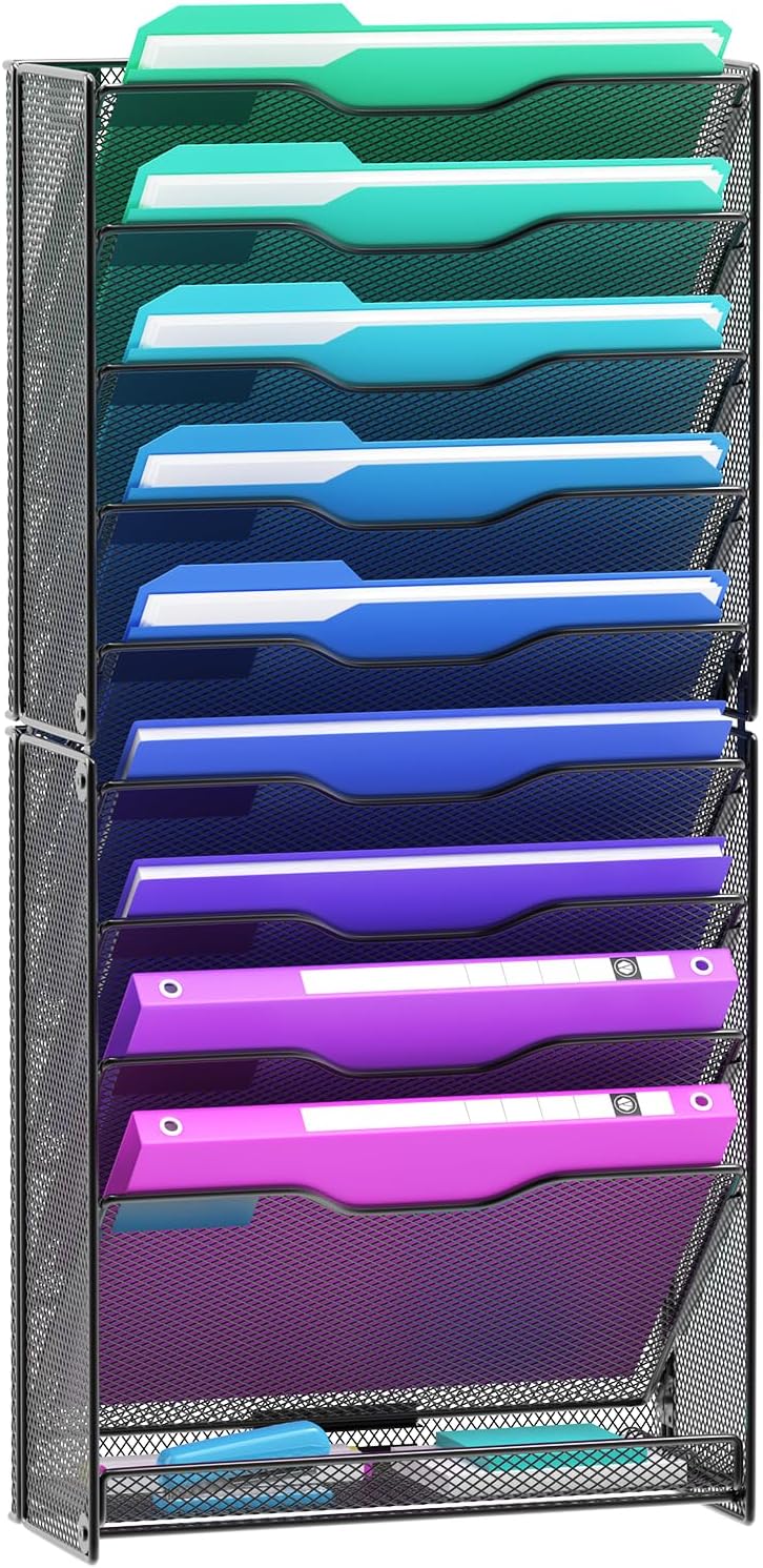 10 Tier Hanging Wall File Organizer, Wall File Holder Organizer Mounted Letter Mail Magazine File Rack With Flat Tray For Office Home School, Black