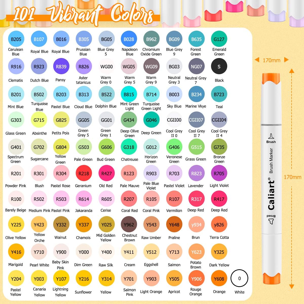 Caliart 101 Colors Brush & Chisel Alcohol Markers for Adult Coloring Book, Dual Tip Artist Sketch Art Markers, Aesthetic Cute Preppy Stuff School Supplies, Pens for Lettering Drawing Cards Planner