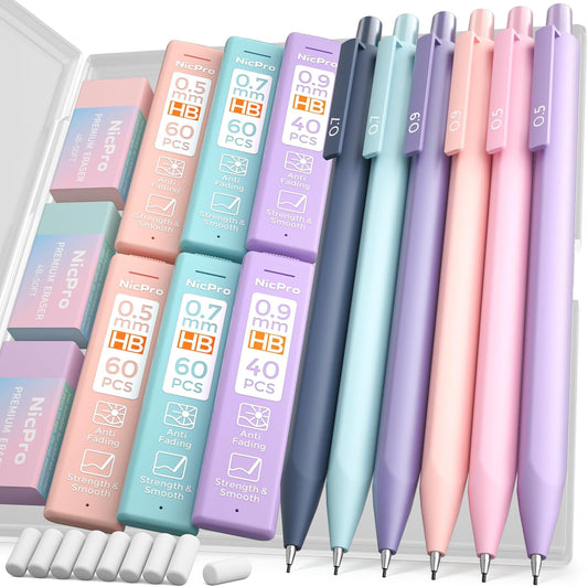 Nicpro 6PCS Pastel Mechanical Pencil Set with Case, Cute Drafting Pencils 0.5 mm & 0.7 mm & 0.9 mm with 6 Tubes HB Lead Refills, Erasers, Eraser Refills, Aesthetic School Supplies for Girls Writing