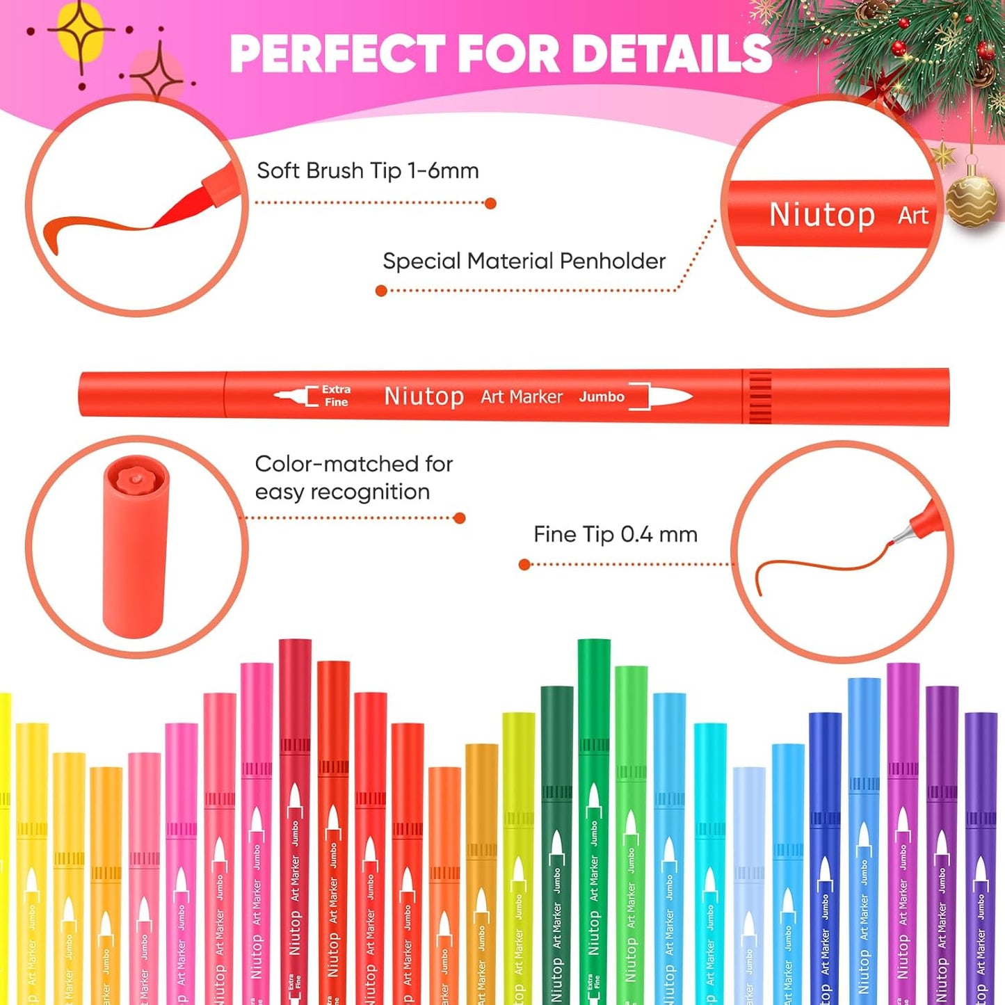 Niutop 36 Colors Fine & Brush Tip Dual Tip Coloring Marker Pens, Doodle Art Markers for Adult Coloring Books, Calligraphy Journaling, Art Supplies for Kids 9-12