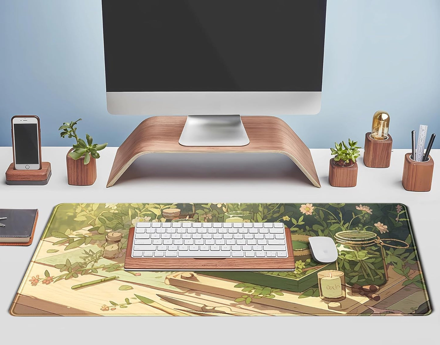 Green Gardener Desk Mat Anime Forest XL Gaming Mouse Pad Plant Lover Desk Pad with Stitched Edges, Women Desktop Decor Mousepad Laptop Computer Keyboard and Mouse Mat Desk Accessories 31.5x11.8 in