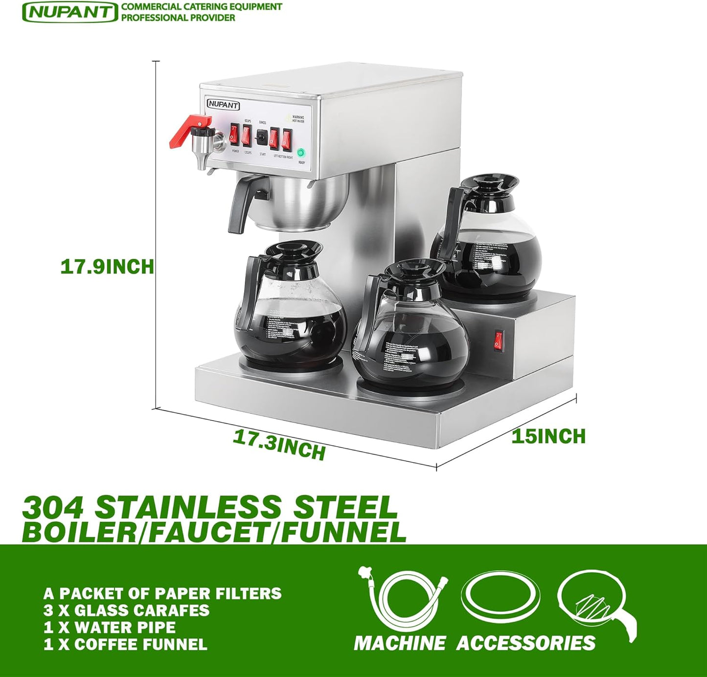 12 Cup Commercial Coffee Maker Auto Filling Drip Coffee Maker Machine with 3 Glass Carafes 3 Warmers Stainless Steel Pour Over Coffee Brewer with Hot Water Dispenser for Restaurant Office Cafe