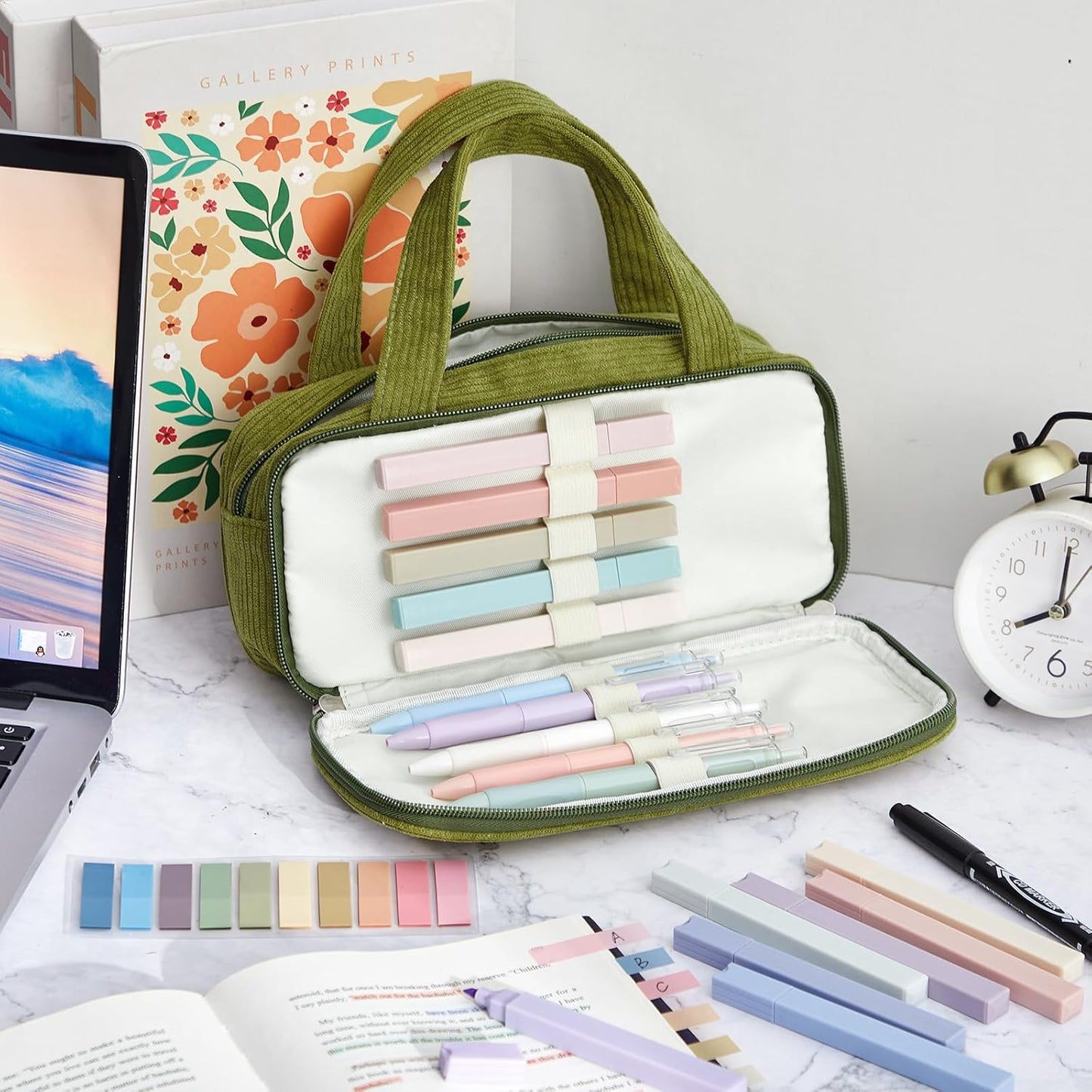 Jutom 39 Pcs Aesthetic Book Annotation Kit Highlighter with Pencil Case Bag Gel Pen Transparent Sticky Note Taking Bible Study College School Supplies(Green,Classic Style)