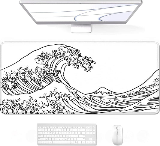 Auhoahsil Large Mouse Pad, XXL Gaming Mousepad, Desk Mat for Desktop, Thick Rubber, Big & Long Size, Stitched Edges, Full Desk Pad for Laptop & Computer, Extended 35.4 x 15.7 in, White Great Wave