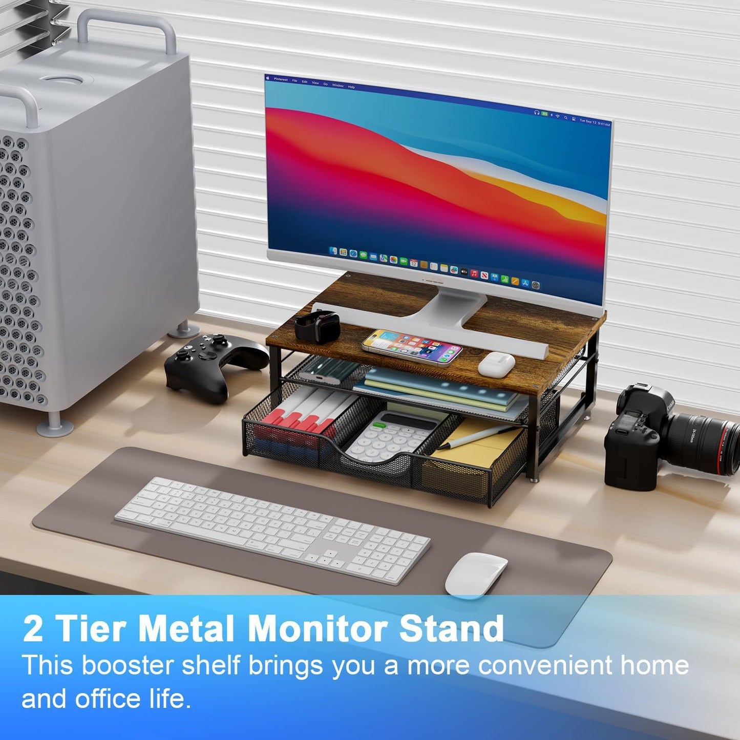 gianotter Computer Monitor Stand Riser, office organizer with Drawer, Office Organizers Storage for Classroom Office Supplies (Wood)