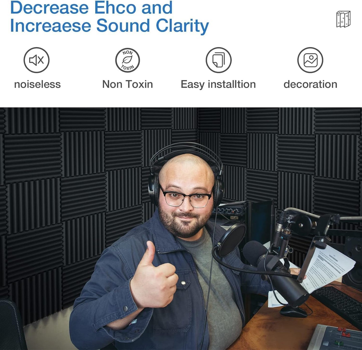 12 Pack Self-Adhesive Acoustic Panels - 2”X 12”X 12”Wall Panels - Quick-Recovery and High Density Sound Panels - Sound Proof Acoustic Foam for Home Studio - Black