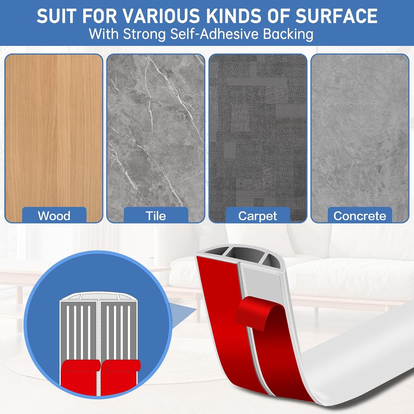 Floor Cord Cover Self Adhesive Cord Hider Floor Extension Cord Covers for Floor Power Cord Protector Cable Management Prevent Cable Trips Cable Cavity 0.47" W x 0.27" H (White, 3.3Ft)