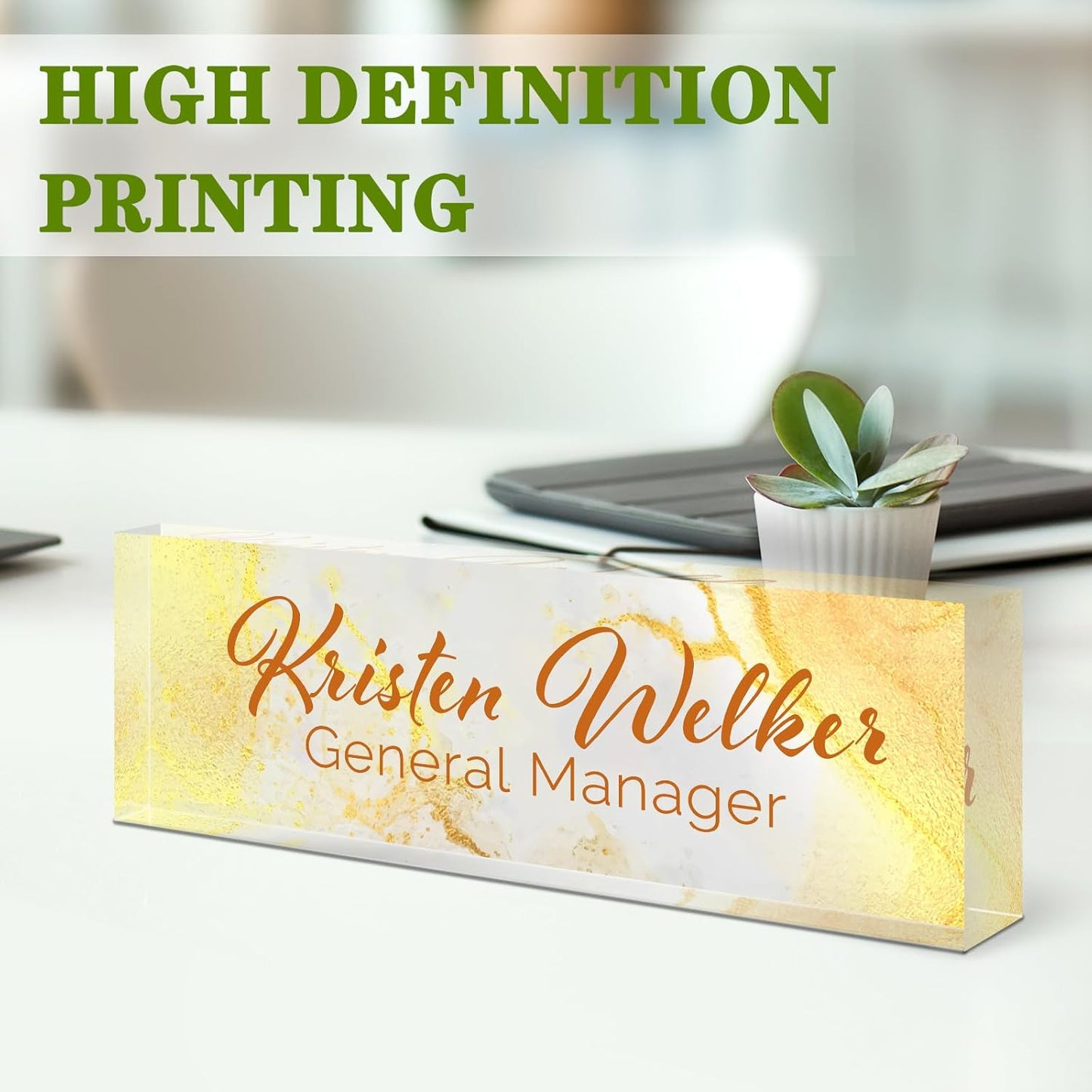 Gowellly Desk Name Plate Personalized - Custom Acrylic Name Plate for Desk - Enterprise Custom Logo/Text nameplates - Employee Appreciation Gifts (Golden Marble)