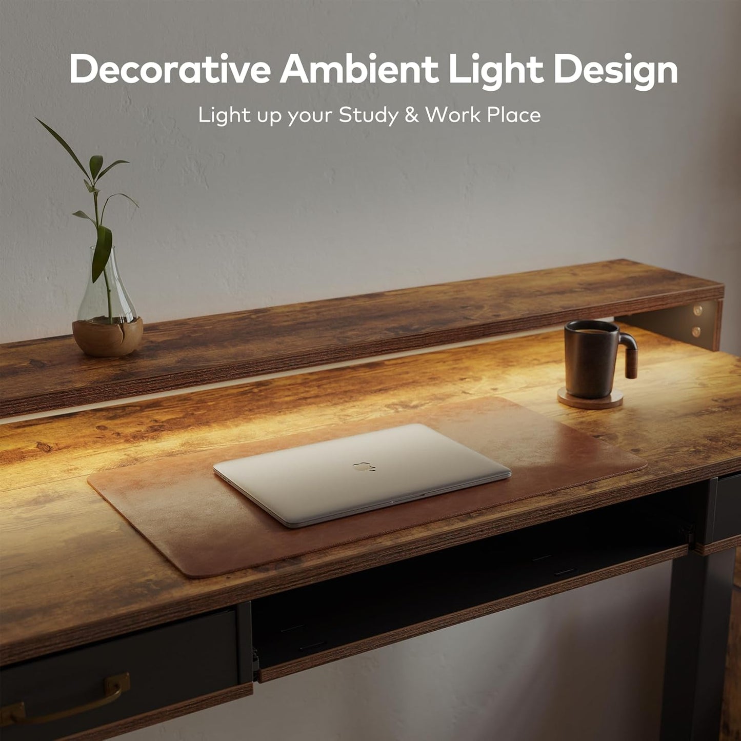 FEZIBO 55 x 24 Inch Height Adjustable Electric Standing Desk with Double Drawer, Stand Up Desk with Storage Shelf, Rustic Brown