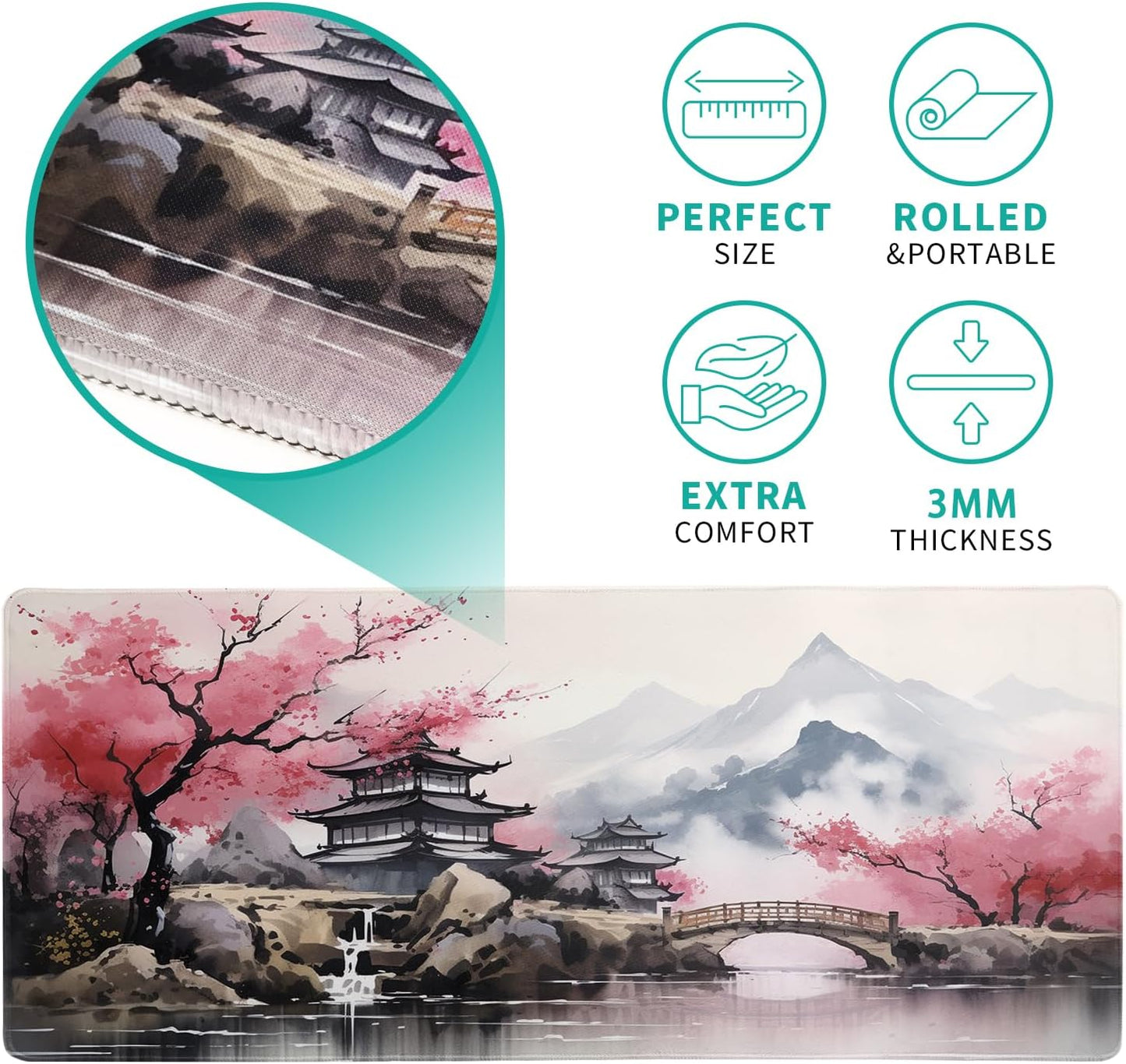 Desk Mat, Desk Matt for Desktop, Watercolor Desk Pad Mat, XL Large Mouse Pad for Desk, Anti-Slip Big Mousepad with Stitched Edges, Keyboard Pad Mouse Mat for Gaming Office (Cherry Blossom 3)