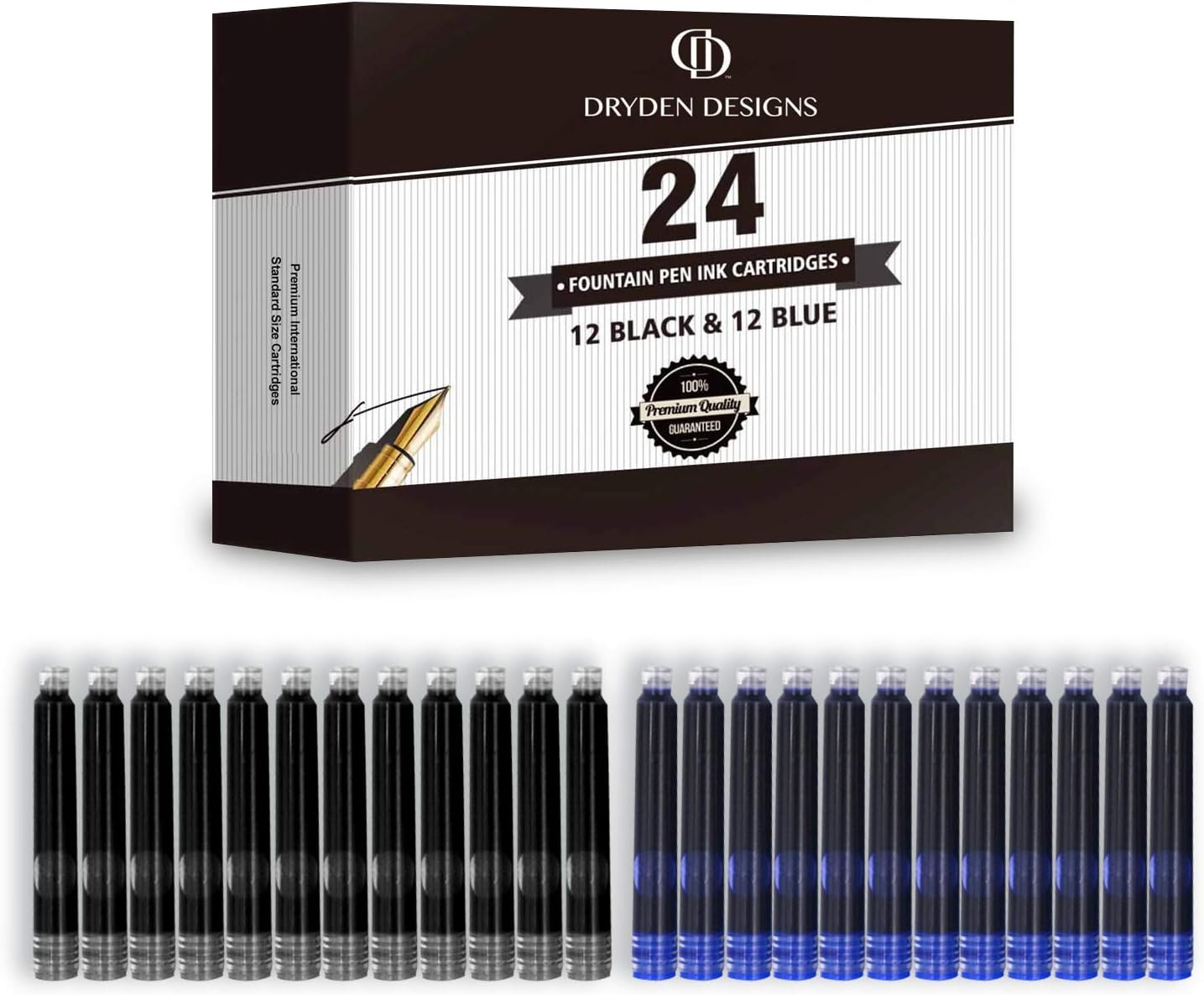 Dryden Designs Fine Nib Fountain Pen - Includes 24 Ink Cartridges - 12 Black and 12 Blue - Blue - Smooth Elegant Writing with Fine Nib and Ink Converters