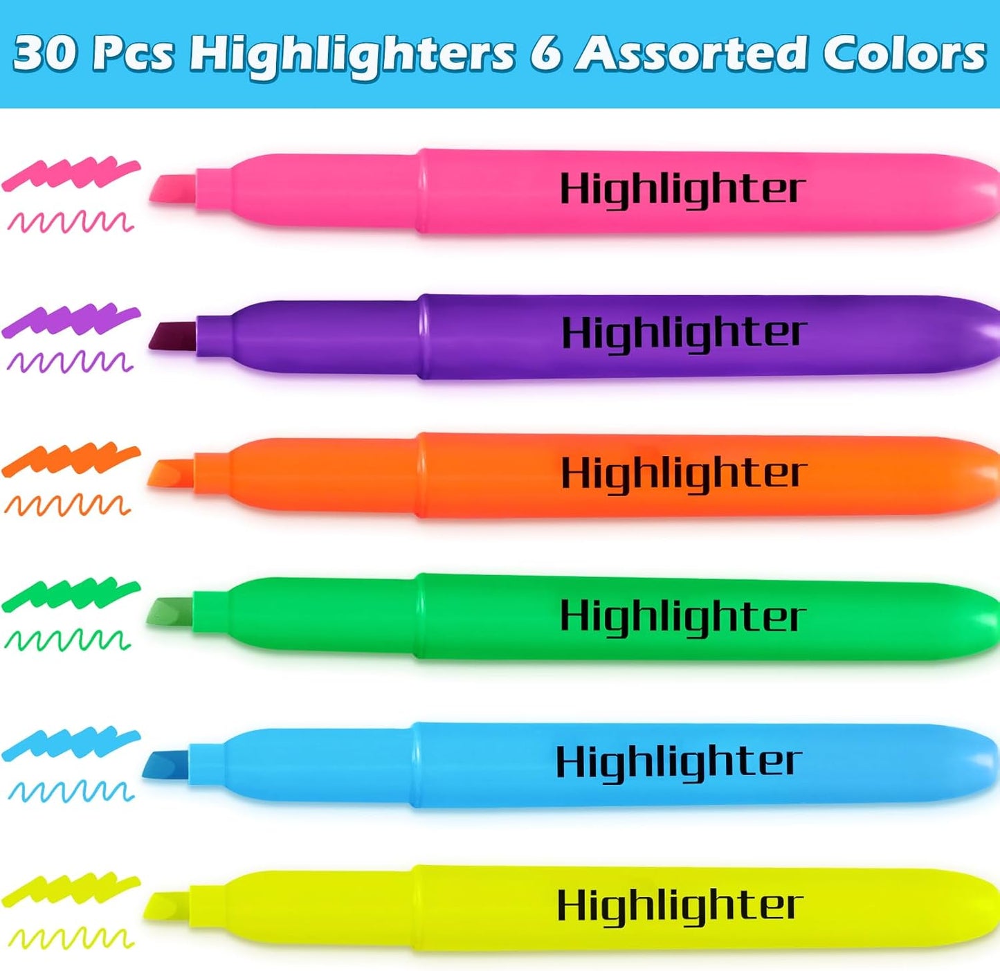 V-Opitos 30 Pack Highlighters in 6 Assorted Colors, No Bleed, Bright With Soft Chisel Tips, Ideal for Office and School Supplies