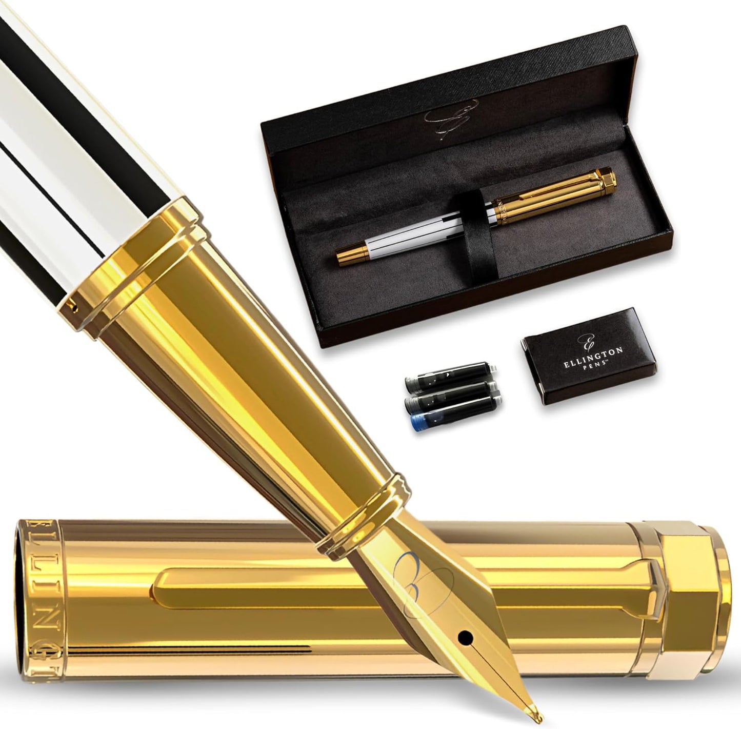 Luxury Fountain Pen Set- Fountain Pens for Writing - Smooth Extra Fine Nib - Includes Refillable Ink Converter, 3 Ink Cartridges [Black & Blue], Gift Box - Elegant Calligraphy