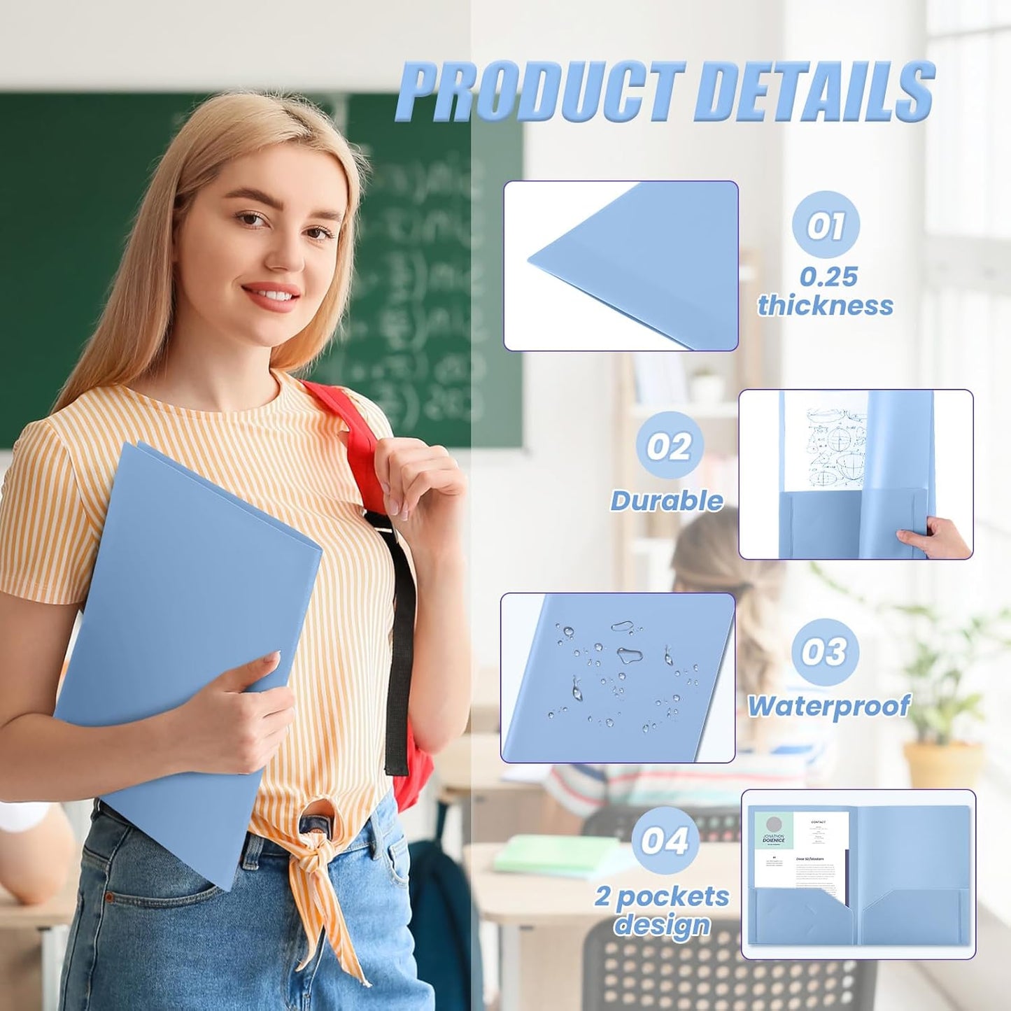 Gueevin 150 Pcs Plastic Folders with Pockets, Two Pocket Folder Fit 8.5 x 11 Inch Letter Size Paper, Heavy Duty School Folders Business Card Holder for Home Office School Bussiness (Haze Blue)