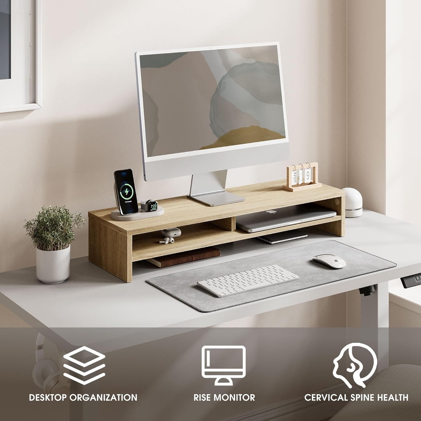 Fenge Monitor Stand, 31.5 Inch Computer Monitor Riser for Desk, 2 Tiers Wood Desk Shelf with Storage, Desktop Organizer for PC, Laptop, Screen, Printer