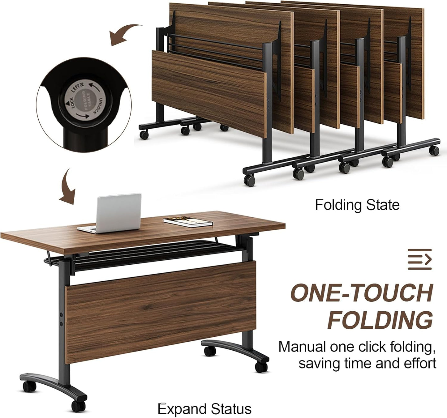 Folding Conference Table, Modern Large Conference Room Tables with Flip-Top Design, Foldable Conference Table Meeting Table with Wheels, Mobile Seminar Training Tables for Office Classroom (4, Walnut)