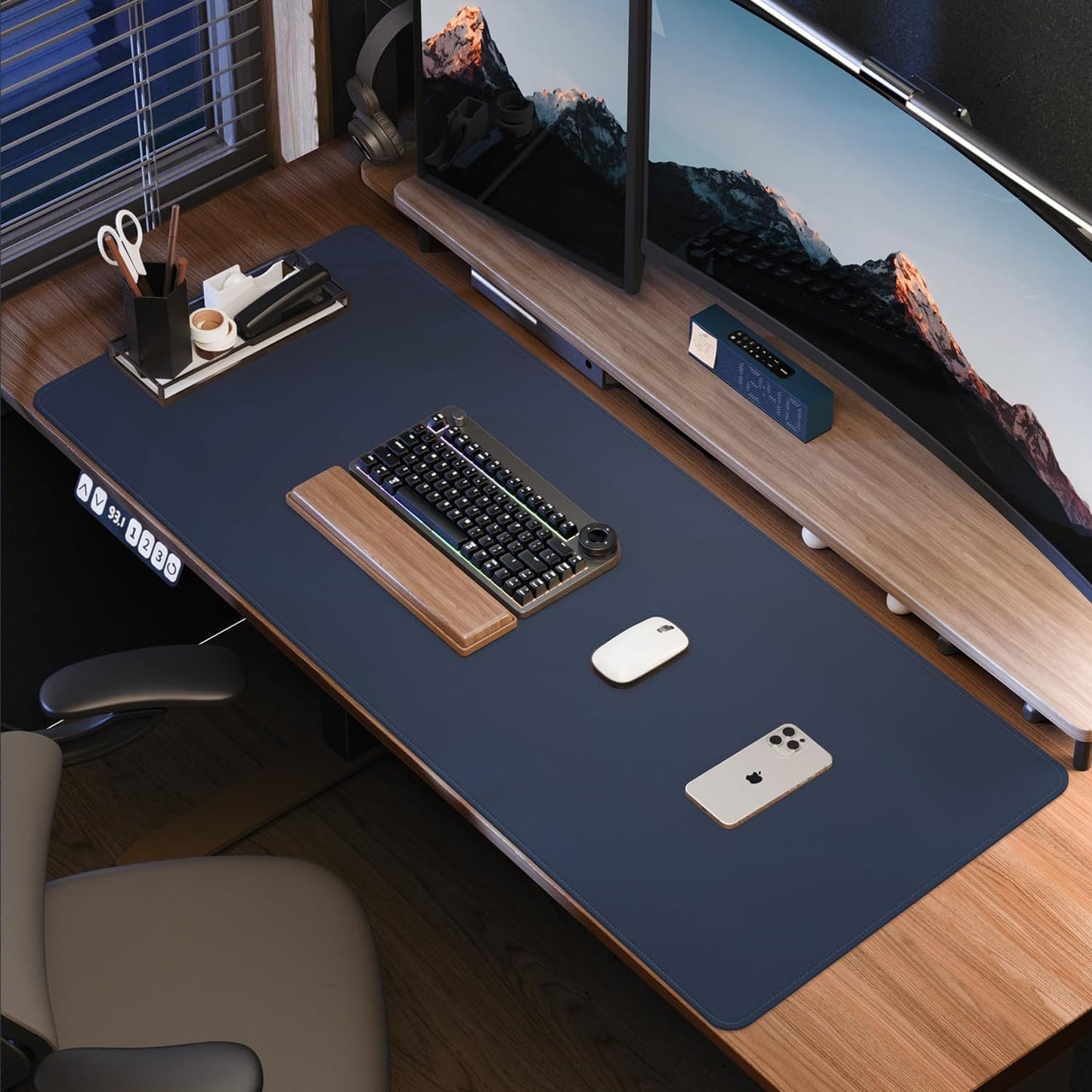 Large Desk Mouse Pad Protector, Stitched Locking Edge Non-Slip PU Leather Desk Mat Laptop Table Pad Blotter, Waterproof Durable Writing Pad for Office and Home (Dark Blue, 90 x 43cm)