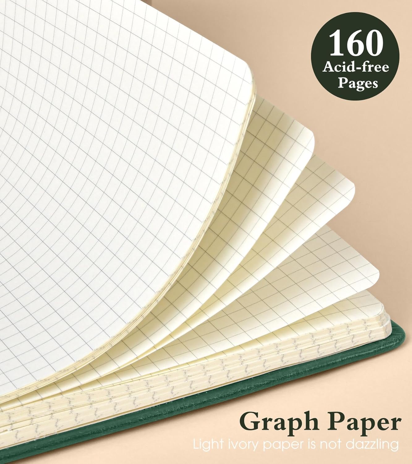 Graph Notebook for Women Men, 160 Pages Grid Paper Journal, A5 Hardcover Vintage Leather Graphing Notebooks for School, Work, College Ruled, Inner Pocket, 5.8"x8.5" (Green)