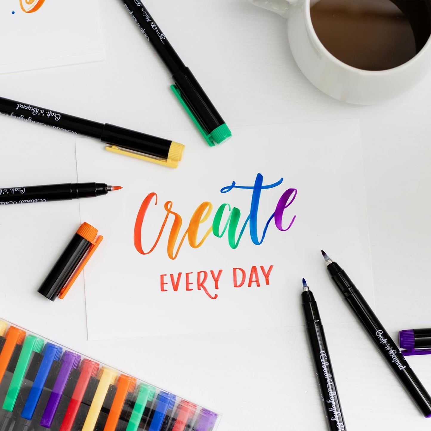 Craft 'n' Beyond Colored Calligraphy Brush Pens Waterproof Pack of 12 Markers for Hand Lettering, Art Drawing, Sketching, Scrapbooking, Journaling - Beginner Kit with Fadeproof Ink