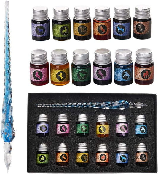 Glass Dipped Pen Ink Set Handmade Crystal Calligraphy Pen with 12 Colorful india ink for Art, Signatures, Drawing, Decoration, Calligraphy Kits for Beginners Ma-13