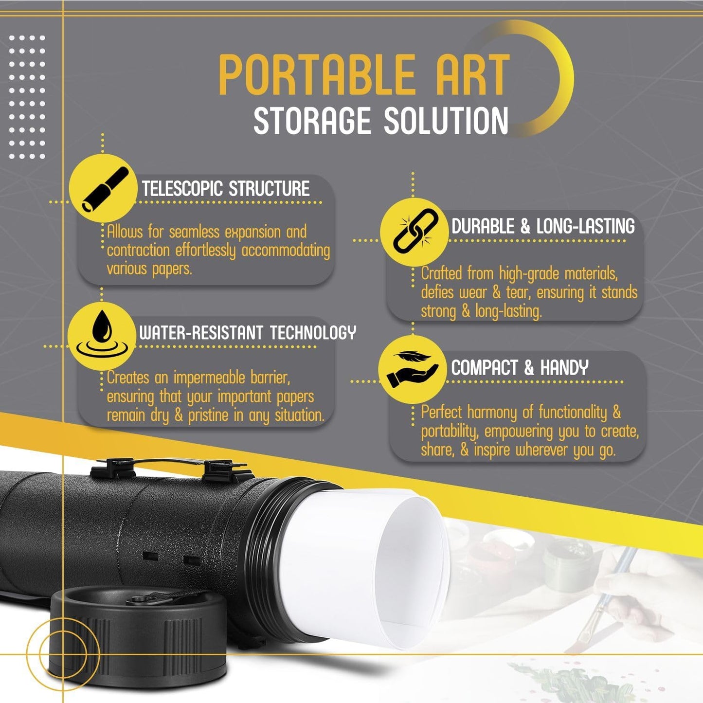 Flexzion Poster, Art, Document Tube with Strap, Expandable Waterproof Plastic Container, Telescoping Cylindrical Storage Case, Portable Paper Holder for Draft Sketch Blueprint, 6.5 IDx32-51.6 Inch