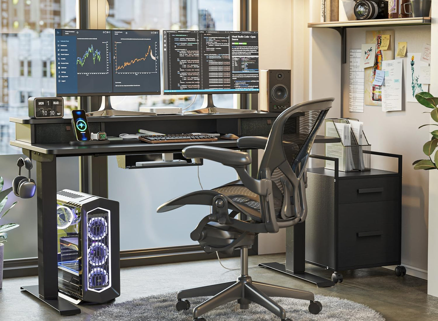 FEZIBO 40 x 24 Inch Height Adjustable Electric Standing Desk with Double Drawer, Computer Desk, Home Office Stand Up Table with 4 Height-Adjustable Feets & 2 Hooks, Black