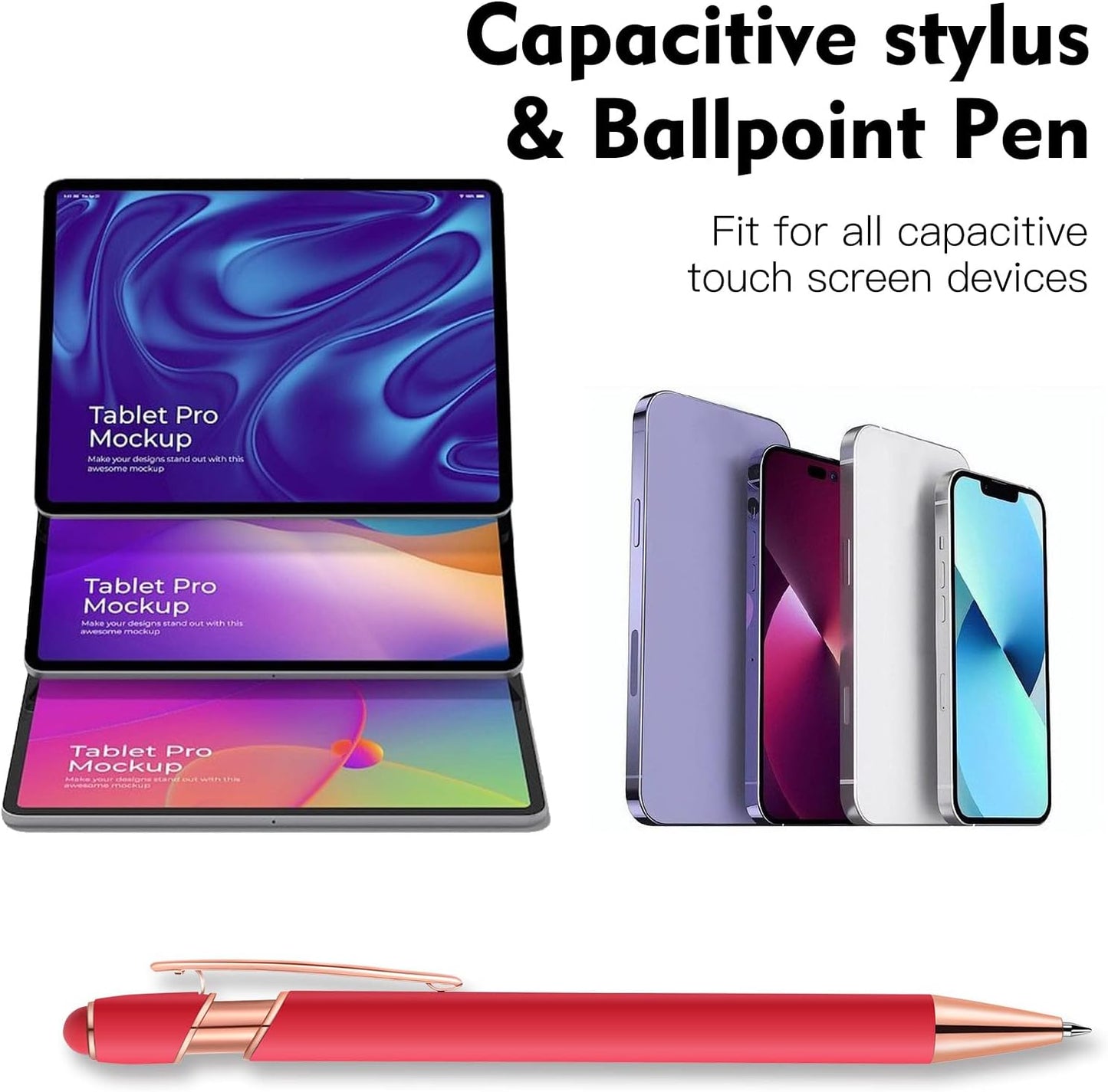 12 PCS 2 in 1 Stylus Ballpoint Pen with Stylus Tip, 1.0 mm Black Ink Metal Pen Stylus Pen for Touch Screens (All Red)