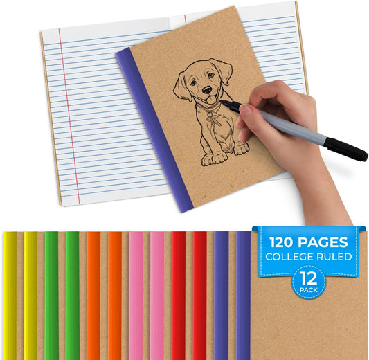 12 Pack Kraft Journals A5, Extra Pages - 120 Pages (60 Sheets), College Ruled, 8 x 5.7 Small Kraft Notebooks, Rainbow Spines, Kraft Composition Notebook Journals for School Home & Office