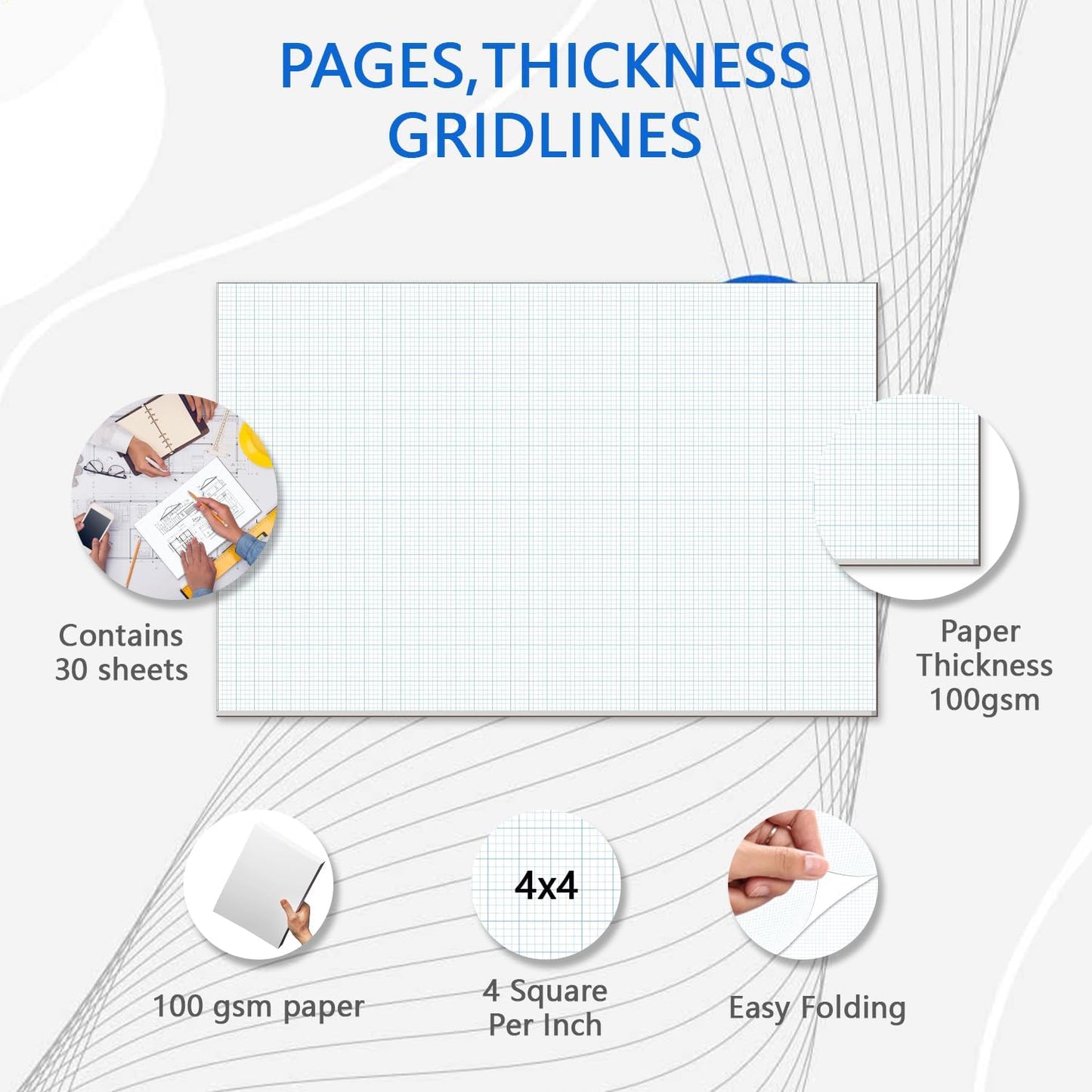 Graph Paper Pad - 30 Sheets/60 Pages, 24" x 36" Large Graph Paper 1" and 1/4" Blue Grid Paper for Engineer Architect Designer Mathematician Draftsmen Sketch House Commercial Building Plan Drafting