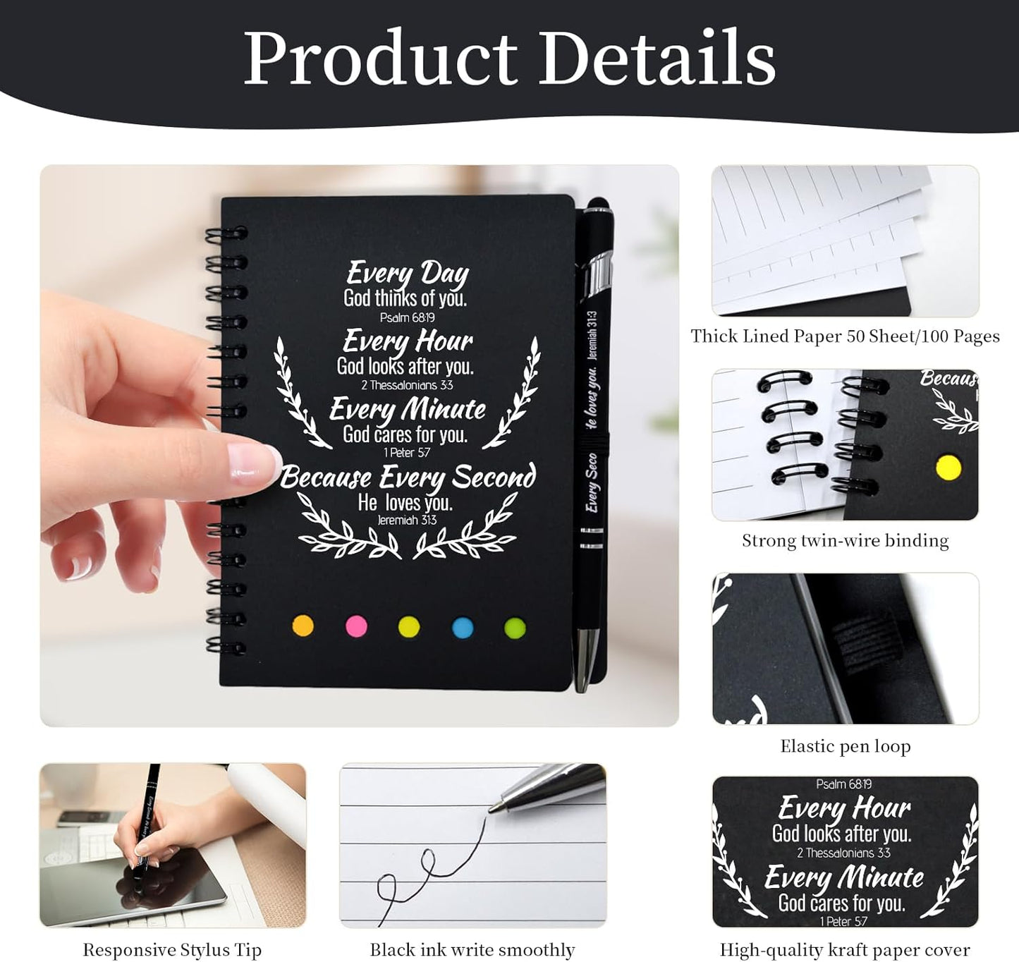 100 Pcs Bulk Christian Gifts Prayer Journal for Woman - 50 Set Religious Notepad with Christian Pen - Bible Notebook - Church Gifts for Inspirational, Bible Study, Devotions (Black)