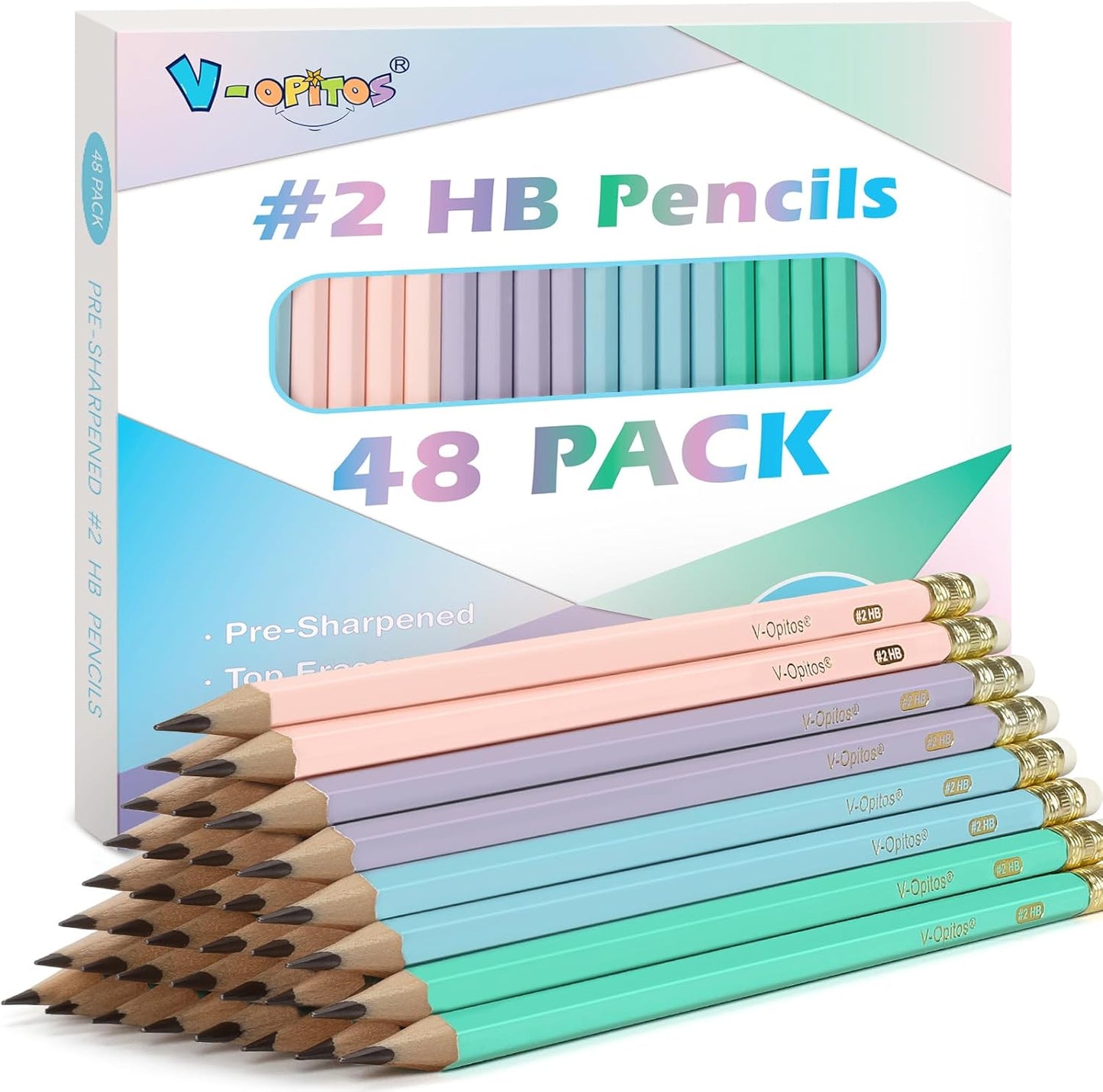 V-Opitos Wood-Cased #2 HB Pencils, 48 Pack Pre-Sharpened Pencils with Top Erasers, Bulk Pastel Color Pencils for School Teacher Supplies, Writing, Drawing and Sketching