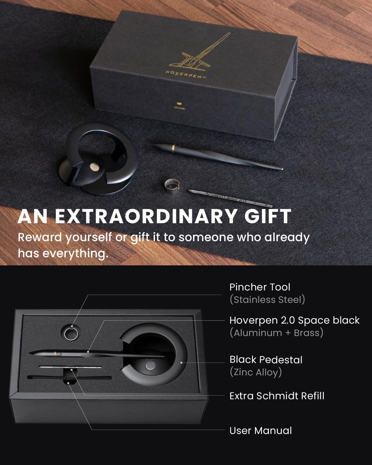 novium Hoverpen Interstellar - Space Black, Ballpoint Pen, 18K Gold-plated Pen Ring, 23.5 Degree Angle, Schmidt Ballpoint Refill, No Spills, No Spotting, No Explosions