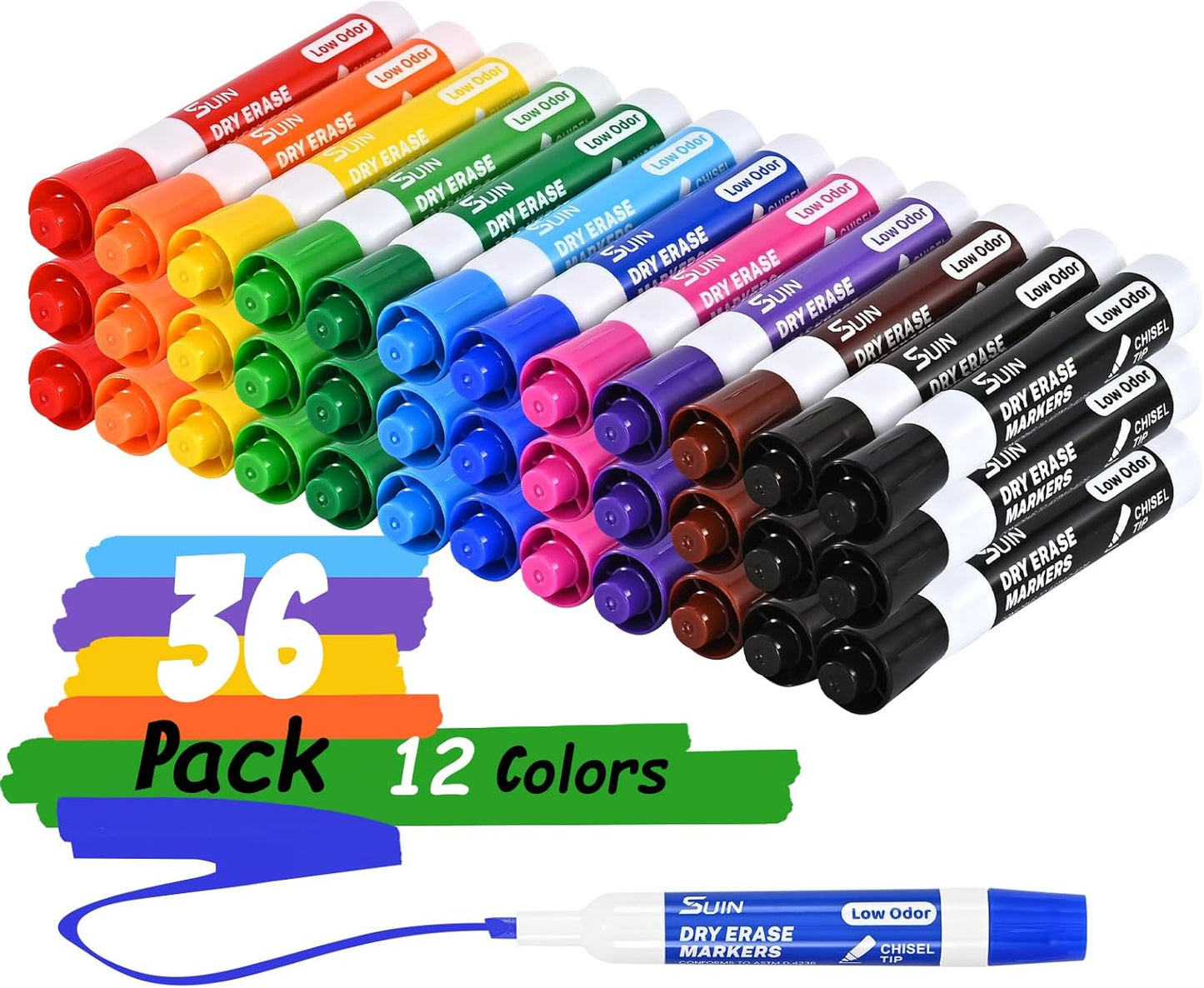 SUIN Dry-Erase-Markers, Chisel Tip - Whiteboard Markers, Low Odor Dry Erase Markers, Chisel Tip Markers, Whiteboard Marker, Assorted 12 Colors, 36 Count