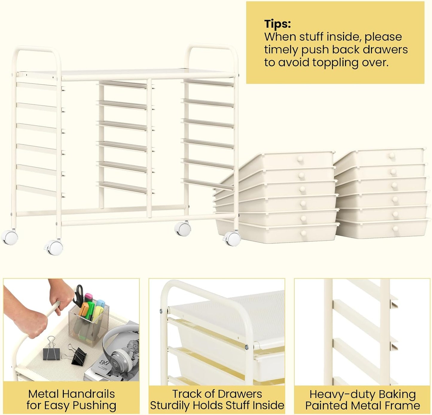 Giantex 12 Drawers Rolling Cart, Mobile Storage Drawer Cart, Classroom Organizer Cart for Office School Supplies Tools Scrapbook Paper Craft Small Printer, Utility Cart on Wheels, White