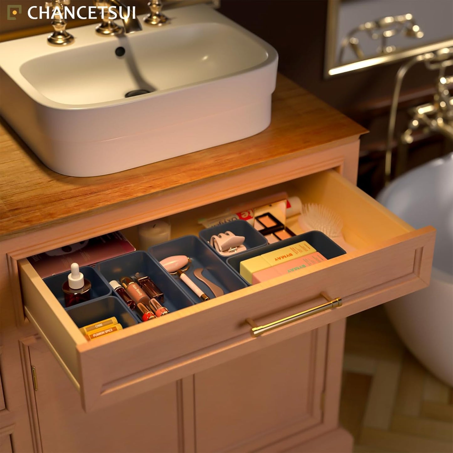 6 Pcs Stackable Drawer Organizer Set Desk Drawer Dividers, Bathroom Vanity Cosmetic Makeup Trays , Multipurpose Plastic Storage Bins for Jewelries, Kitchen Gadgets and Office Accessories, Blue