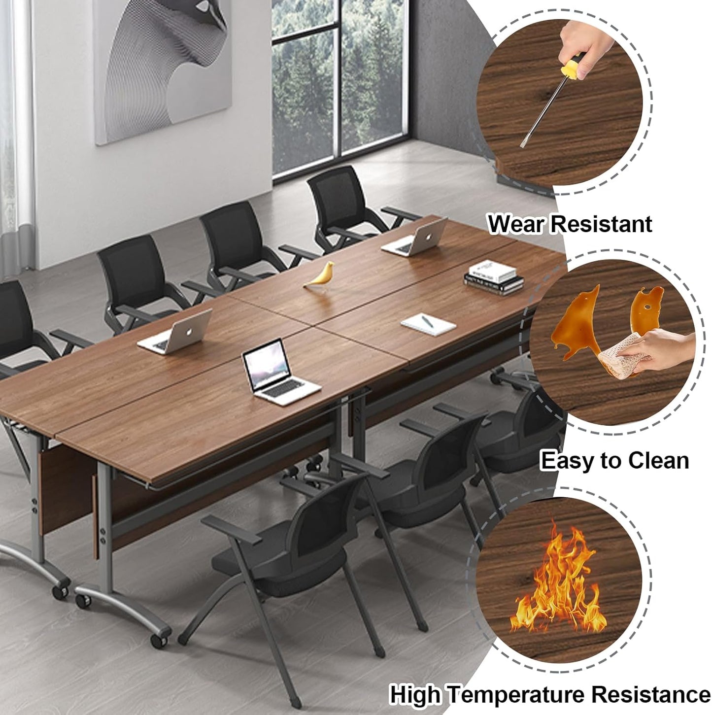 Folding Conference Table, Modern Large Conference Room Tables with Flip-Top Design, Foldable Conference Table Meeting Table with Wheels, Mobile Seminar Training Tables for Office Classroom (2, Walnut)