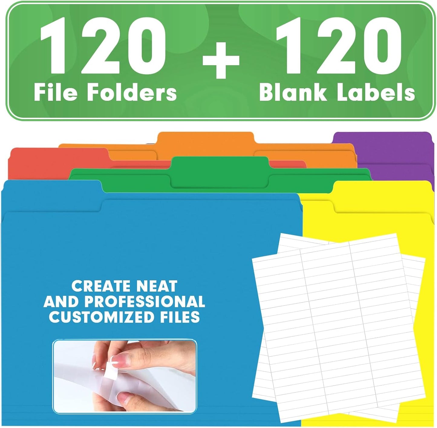 File Folder, HERKKA 120 Pack 1/3 Cut Tab File Folders, Colored File Folders Great for Organizing and Filing, Letter Size, Assorted 6 Colors