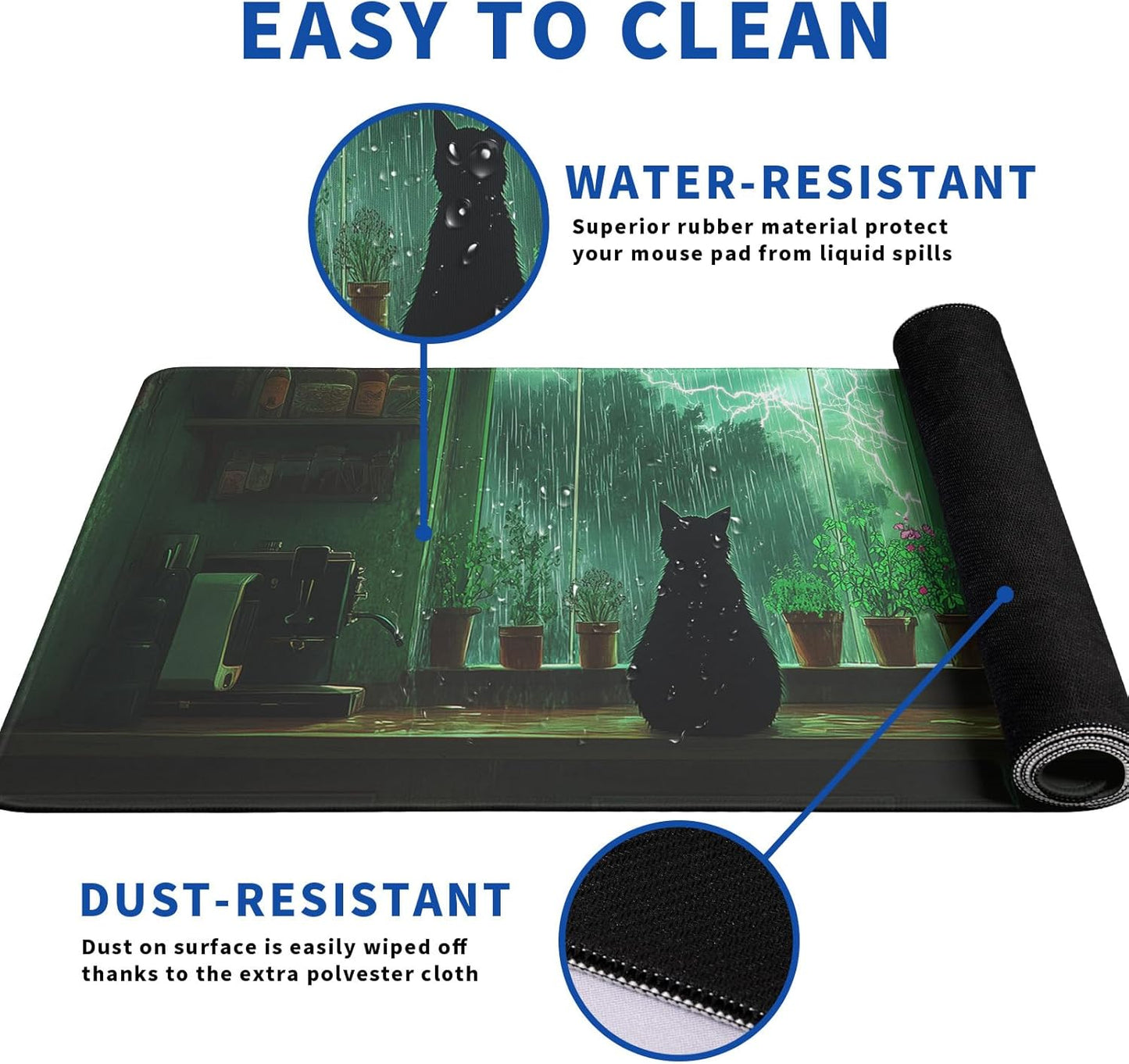 Green Black Cat Mouse Pad Abstract Big Mouse Pad 31.5x11.8 Inch Cat Texture Non-Slip Rubber Base Large Mousepad Stitched Edges Keyboard Mouse Mat Desk Pad for Office and Home