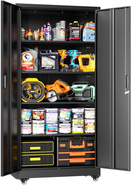 Greenvelly 74" Metal Storage Cabinet with Wheels, Lockable Rolling Metal Garage Cabinets with 2 Doors and 4 Adjustable Shelves, Rolling Tool Cabinet for Garage, Home Office, School