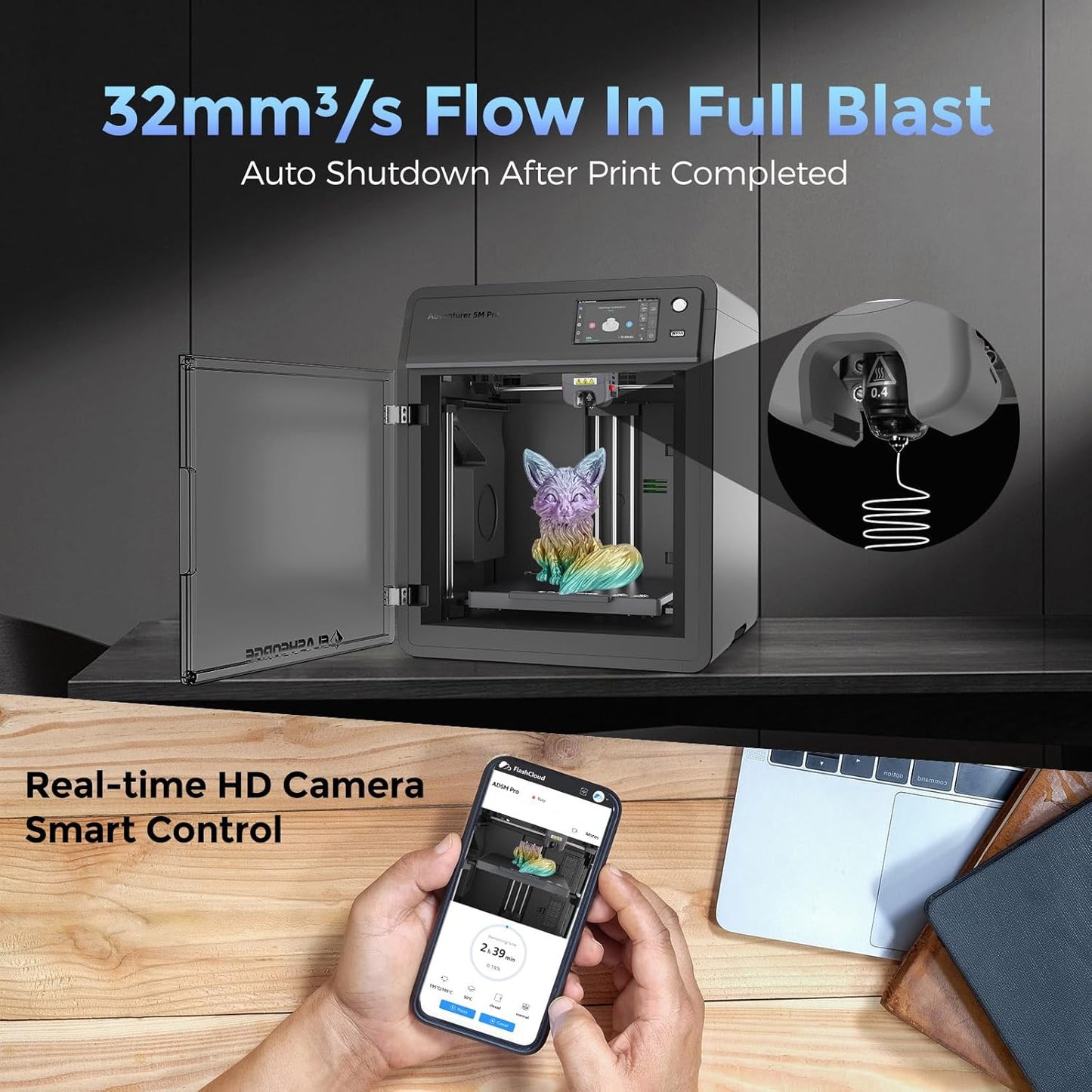 FLASHFORGE Adventurer 5M Pro 3D Printer, 600mm/s High-Speed, FDM 3D Printer Auto Leveling with 280°C Quick Detachable Nozzle, Core XY Structure, Dual Filtration System, Print Size 220x220x220mm