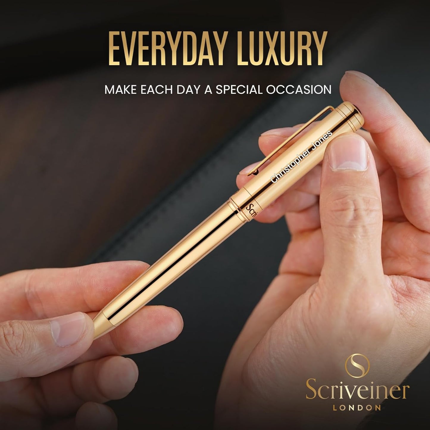 Scriveiner Personalized Gold Ballpoint Pen - Stunning Luxury Pen, Real Gold Plating, Schmidt Ink Refill, Best Engraved Ball Point Gift Set for Men & Women, Custom Name Engraving