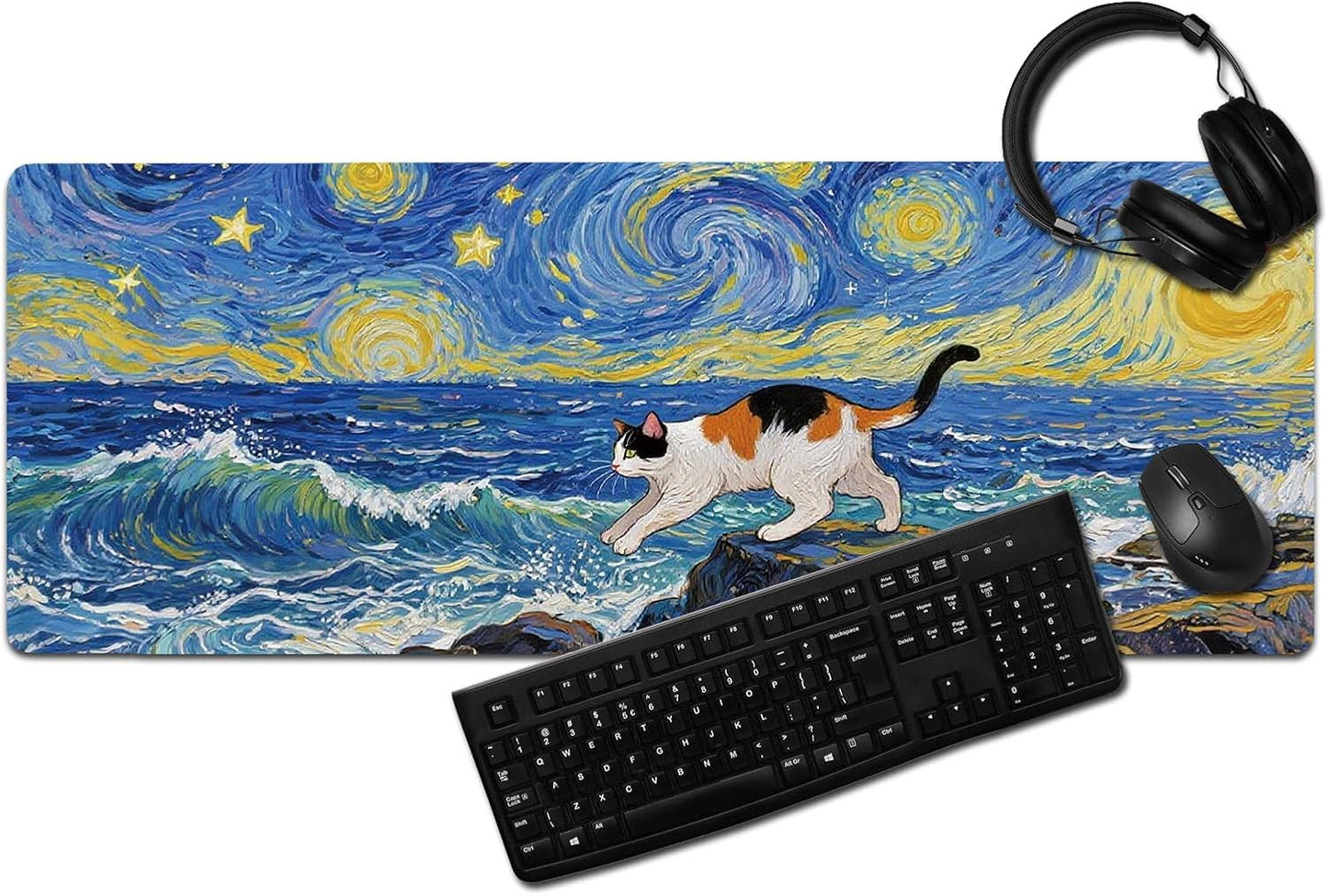 Cute Calico Cat Surfing Mouse Pad, Starry Night Style Mousepad - Large Non-Slip Desk Mat for Office, PC, Laptop - 31.5"x11.8" x 3mm