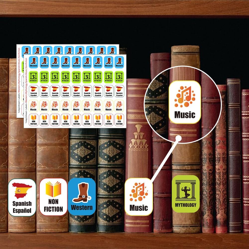 Genre Book Spine Labels for Library | Classroom Library Classification Stickers 450pcs | Nonfiction,Western,Mythology,Spanish,Music