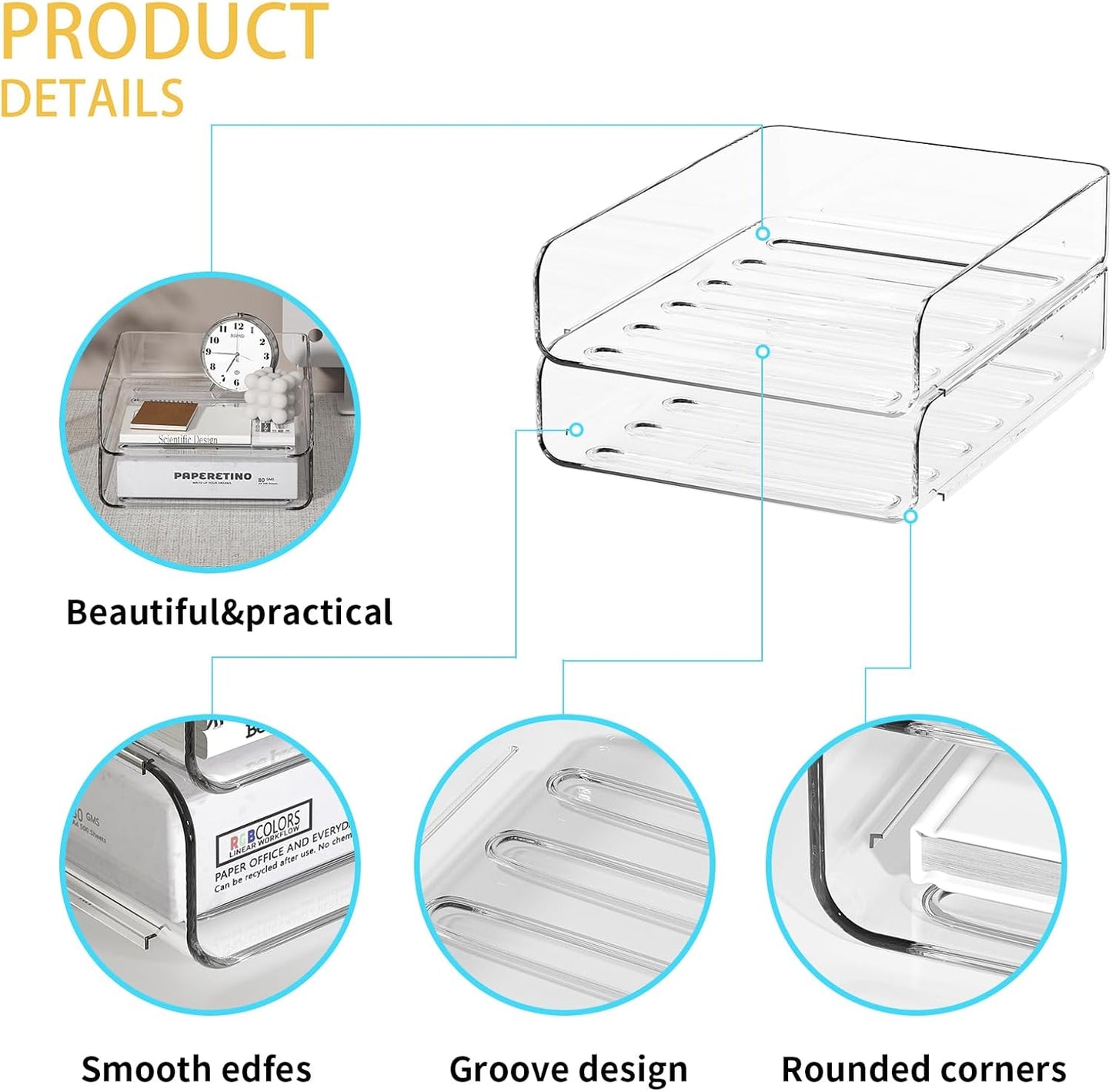 2-Tier Acrylic Paper Tray Organizer - Low-Profile Desk File Sorter for Office/Home, Clear Stackable Letter Tray for Bills, Crafts, Notebooks