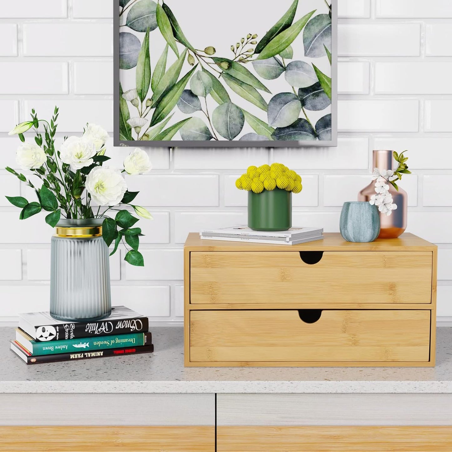 Bamboo Desk Drawer Organizer, 2 Drawer Desktop Organizer with Drawers Tabletop Storage Organization Box for Office Home Toiletries Supplies Vanity, No Assembly Required