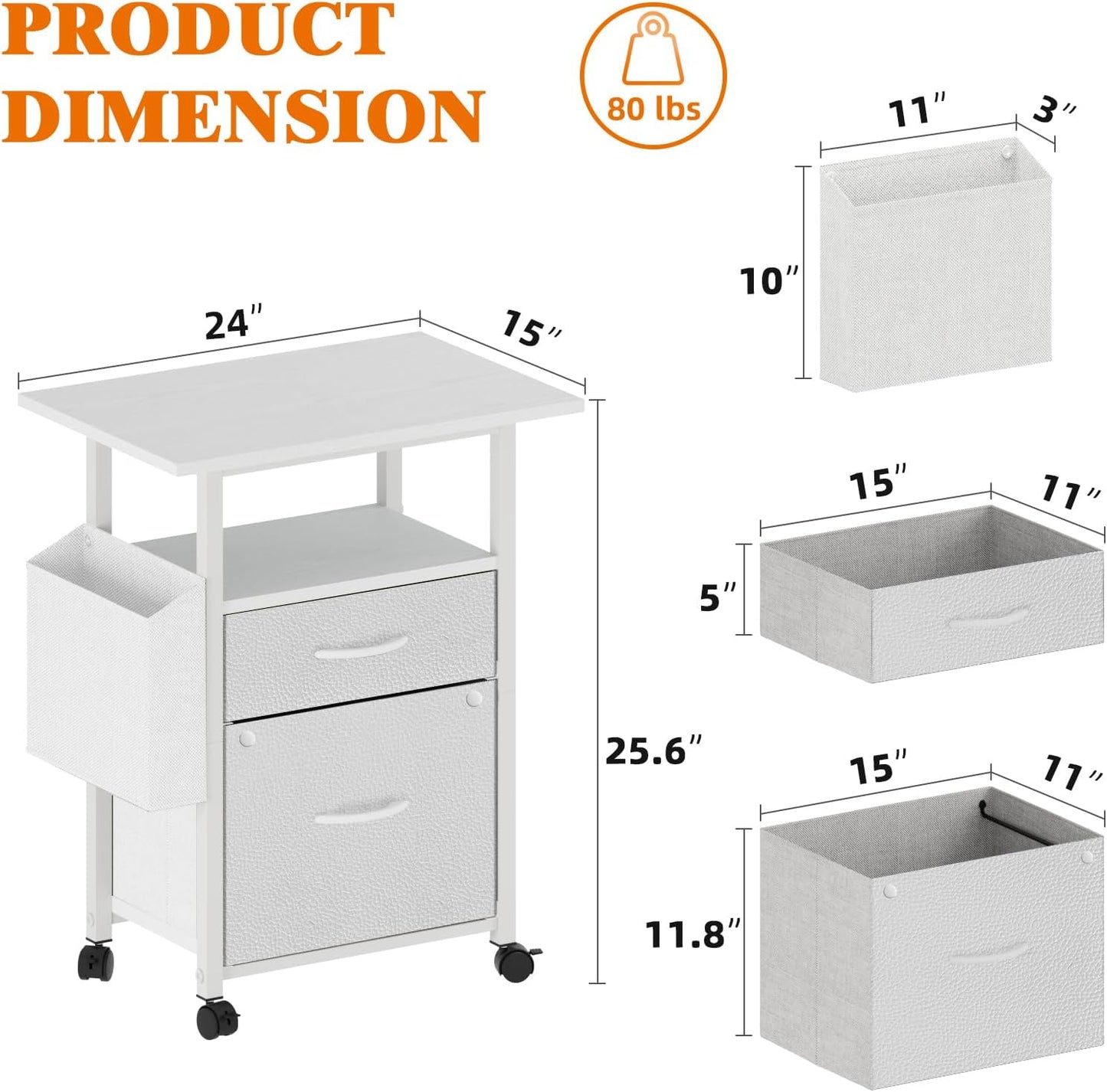 2 Fabric Drawer File Cabinet with 24'' Extended Desktop, Mobile Filing Cabinet, Rolling File Cabinet with Side Bag, Fits A4 Size, Home Office, White