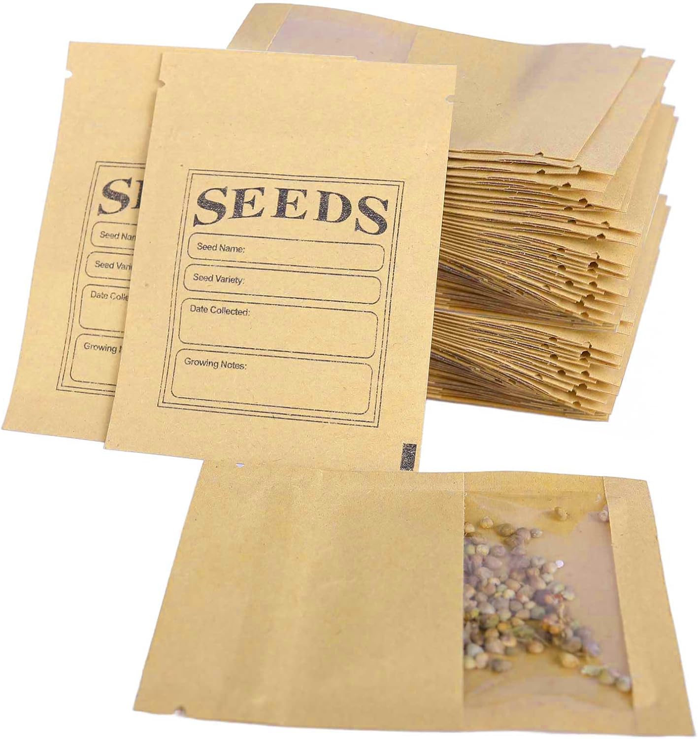 100 Pack Clear Window Small Resealable Seeds Packets Coin Envelopes 2.75x3.74 inch Brown Kraft Paper Sample Bag with Preprinted Seed Collecting Template for Seed Storage Organizer